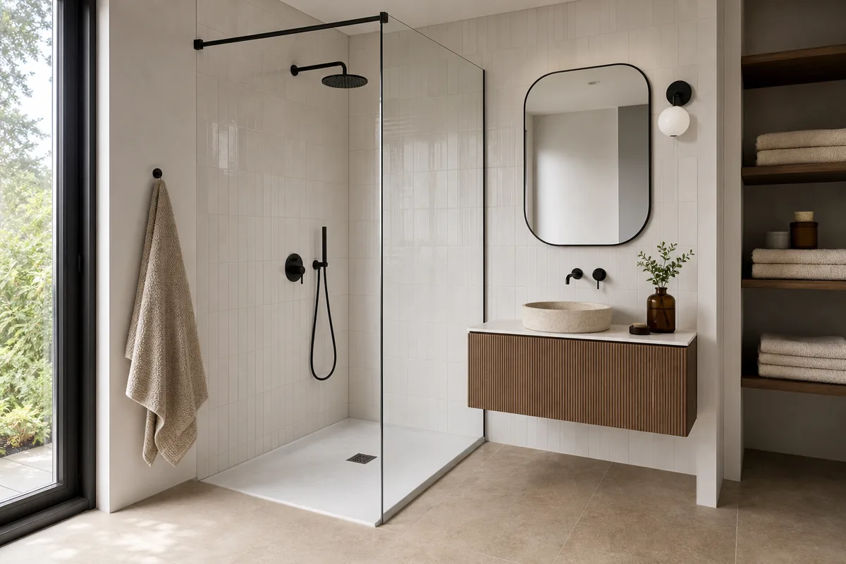 Petite salle de bain contemporaine avec douche d’angle et meuble suspendu
