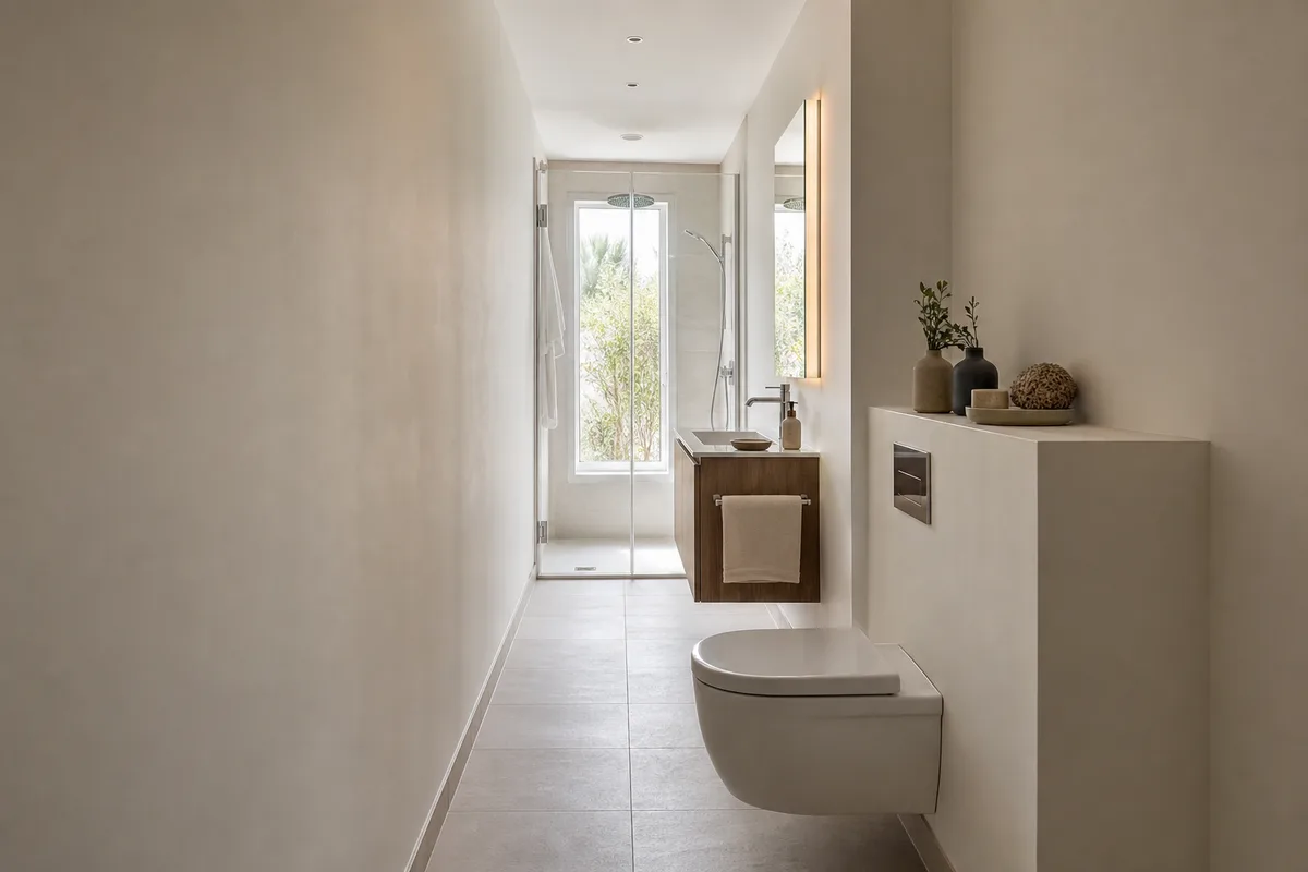 Salle de bain étroite en longueur avec WC suspendu et coffrage tablette