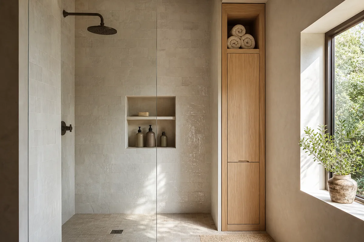 Rangements verticaux et niche maçonnée dans une douche compacte