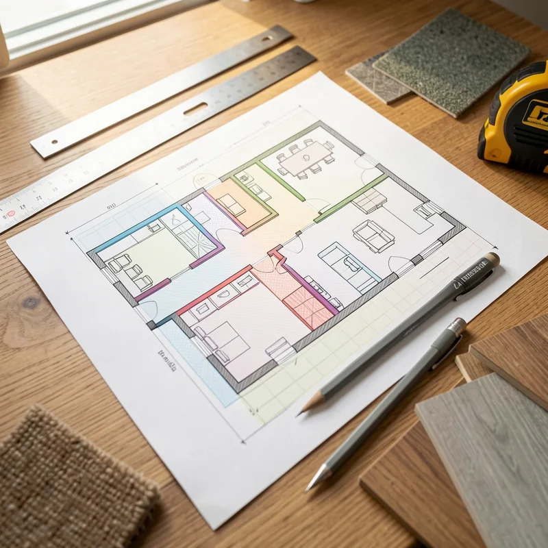 Plan d&rsquo;aménagement d&rsquo;un espace de coworking annoté sur une table d&rsquo;architecte