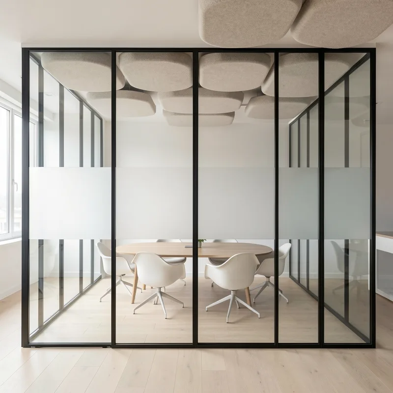 Cloisons vitrées modulaires séparant un open space et une salle de réunion