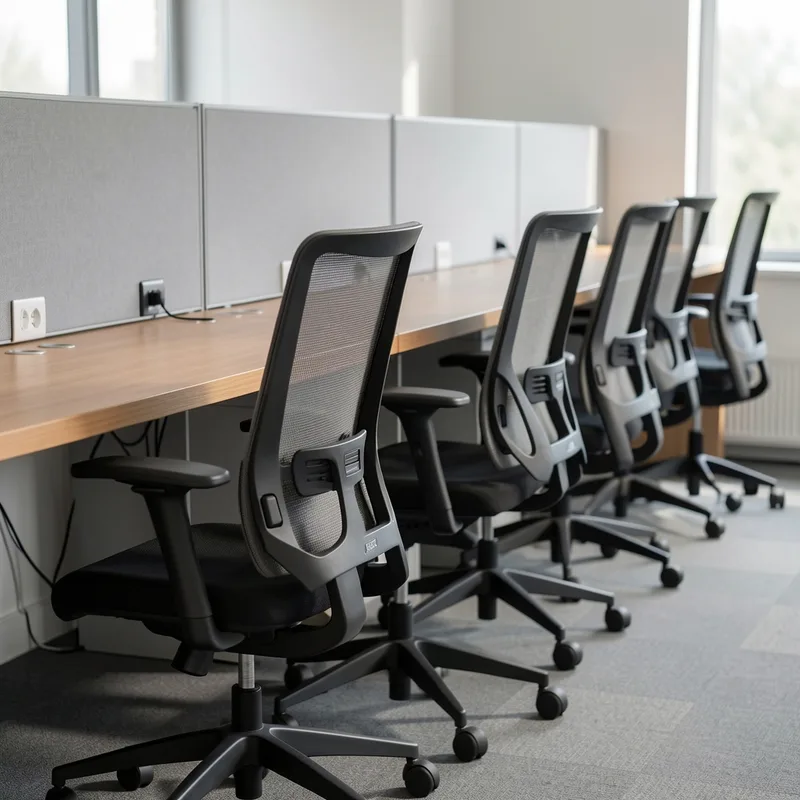 Sièges de bureau ergonomiques réglables alignés le long de postes partagés