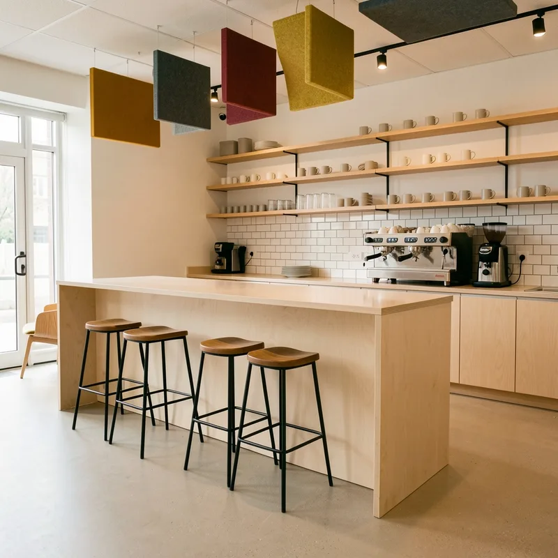 Zone café d&rsquo;un espace de coworking avec assises hautes et rangements muraux