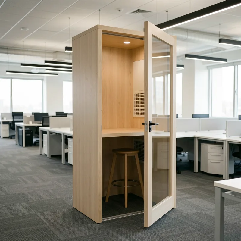 Cabine téléphonique acoustique et postes nomades dans un espace de travail partagé