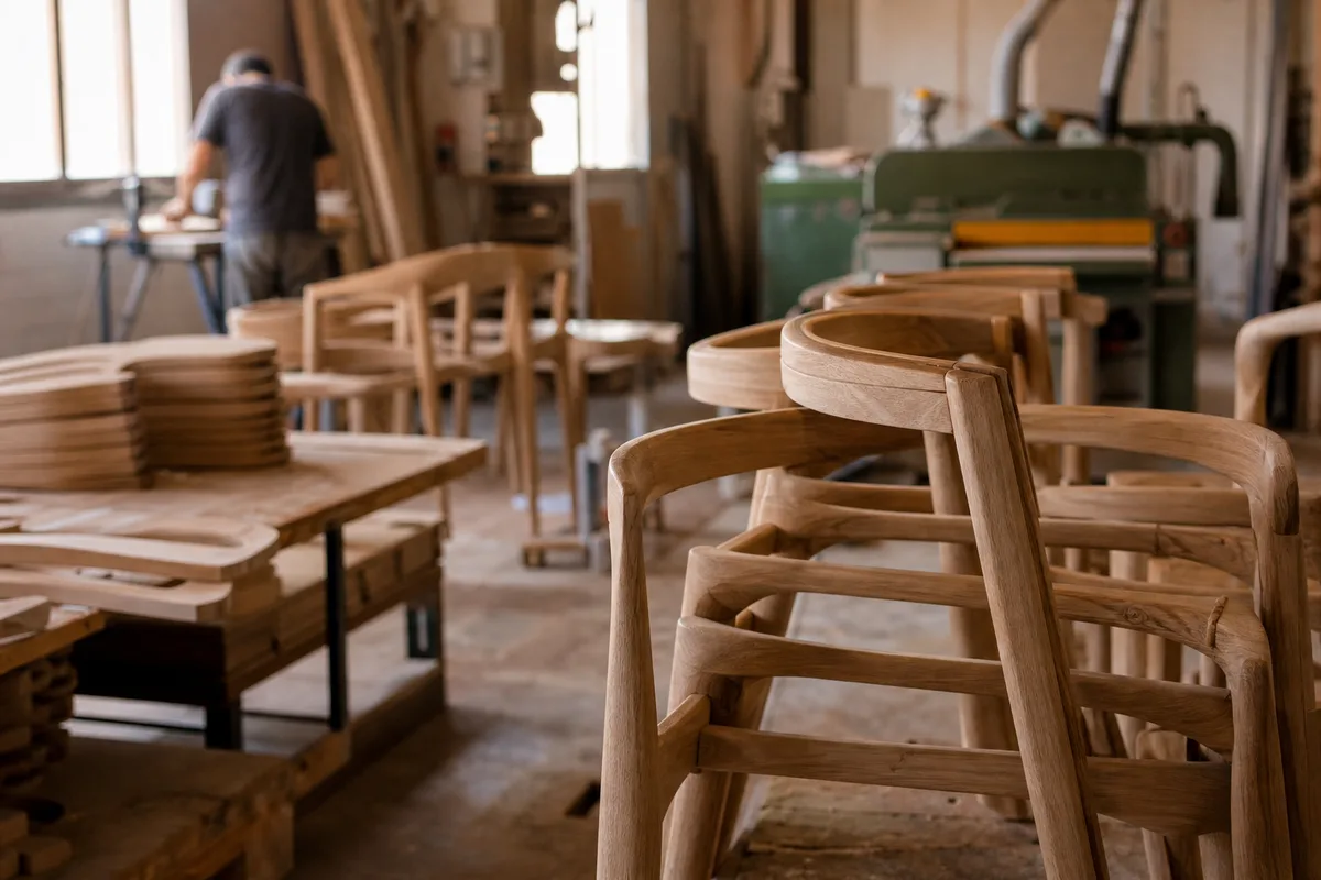 Atelier de fabrication de chaises en bois dans une menuiserie industrielle espagnole