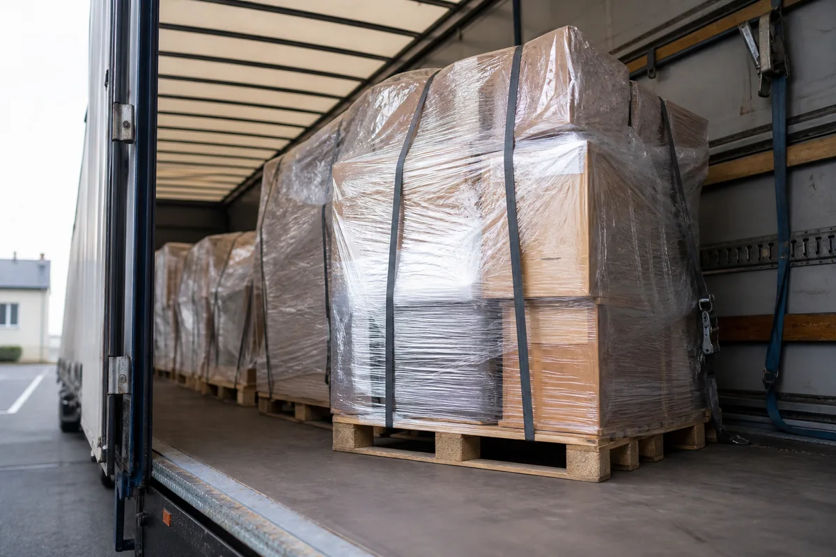 Palettes de mobilier filmées et sanglées dans un camion de transport routier européen
